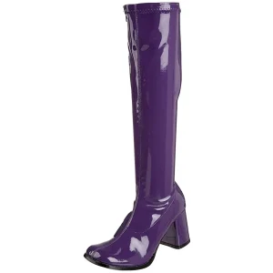 Bottes violettes en cuir verni années 70 - hippie disco gogo botte haute à talon carré 7,5 cm