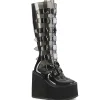 Compensée 14 cm S815 plateforme bottes femme à boucles noir vinyle
