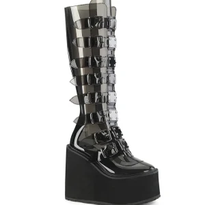 Compensée 14 cm S815 plateforme bottes femme à boucles noir vinyle