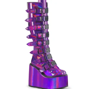 Compensée 14 cm S815 plateforme bottes femme à boucles pourpre hologramme