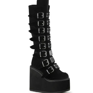 Compensée 14 cm S815 plateforme bottes femme à boucles noires velours
