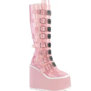Compensée 14 cm S815 plateforme bottes femme à boucles rose vinyle