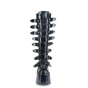 Compensée 14 cm S815 plateforme bottes femme à boucles noires hologramme