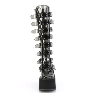 Compensée 14 cm S815 plateforme bottes femme à boucles noir vinyle