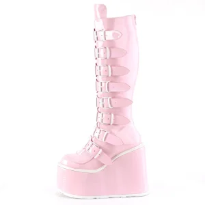 Compensée 14 cm S815 plateforme bottes femme à boucles rose hologramme