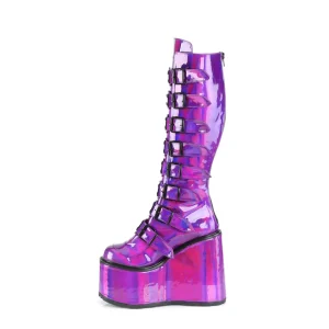 Compensée 14 cm S815 plateforme bottes femme à boucles pourpre hologramme