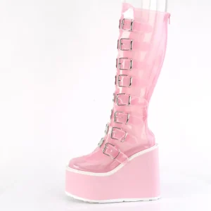 Compensée 14 cm S815 plateforme bottes femme à boucles rose vinyle