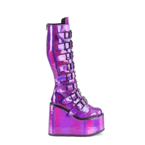 Compensée 14 cm S815 plateforme bottes femme à boucles pourpre hologramme