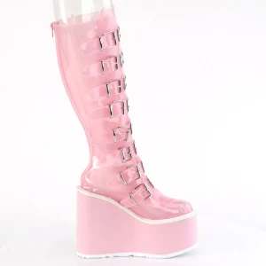 Compensée 14 cm S815 plateforme bottes femme à boucles rose vinyle