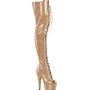 Glitter 18 cm PEEP TOE bottes cuissardes talons hauts à lacets dorée