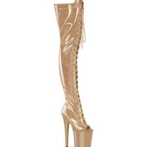 Glitter 20 cm PEEP TOE bottes cuissardes talons hauts à lacets dorée