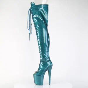 Glitter 20 cm PEEP TOE bottes cuissardes talons hauts à lacets sarcelle