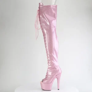 Glitter 18 cm PEEP TOE bottes cuissardes talons hauts à lacets roses