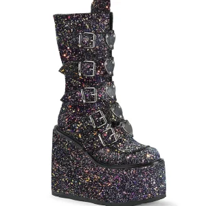 Glitter 14 cm SWING-G plateforme bottes femme hauteur mollet à boucles noir