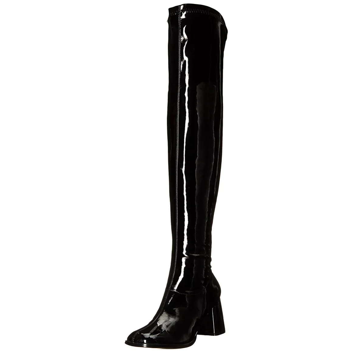 noires_bottes_cuissardes__4.webp Noires bottes cuissardes vinyle - années 70 en - hippie disco gogo botte cuissarde à talon carré 7,5 cm