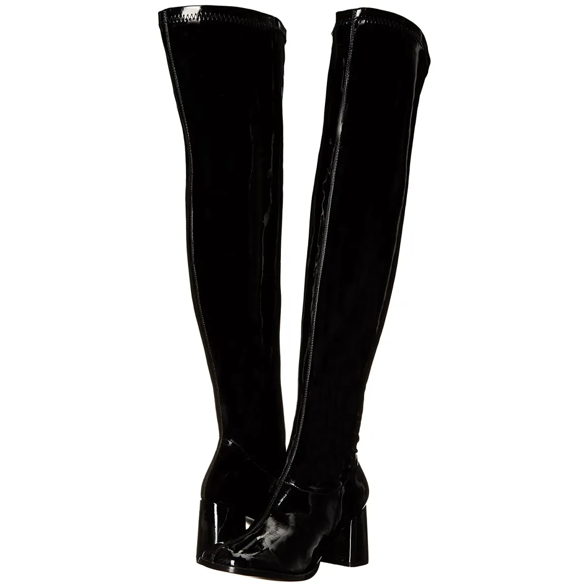 noires_bottes_cuissardes__5.webp Noires bottes cuissardes vinyle - années 70 en - hippie disco gogo botte cuissarde à talon carré 7,5 cm