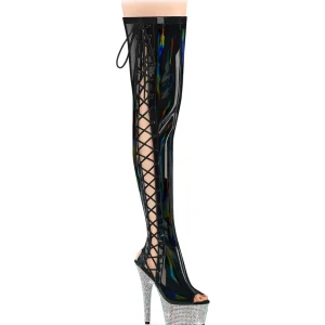 Strass 18 cm open toe bottes cuissardes talons hauts à lacets Noir