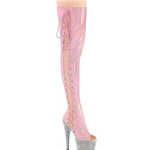Strass 18 cm open toe bottes cuissardes talons hauts à lacets rose