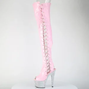 Strass 18 cm open toe bottes cuissardes talons hauts à lacets rose
