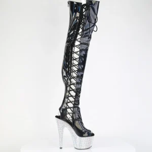 Strass 18 cm open toe bottes cuissardes talons hauts à lacets Noir