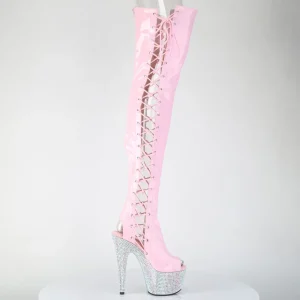Strass 18 cm open toe bottes cuissardes talons hauts à lacets rose