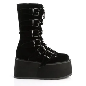 Velours 9 cm DAMNED-225 plateforme bottes femme hauteur mollet à boucles noir