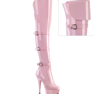 Vernis 15 cm DELIGHT-3018 bottes cuissardes femme talons hauts avec boucles rose