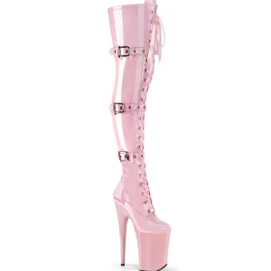 Vernis 23 cm INFINITY-3028 bottes cuissardes femme talons hauts avec boucles rose