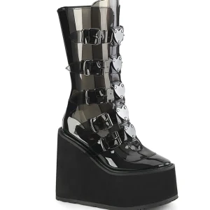 Vinyle 14 cm SWING-C plateforme bottes femme hauteur mollet à boucles noir