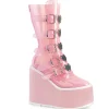 Vinyle 14 cm SWING-C plateforme bottes femme hauteur mollet à boucles rose