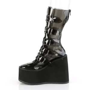 Vinyle 14 cm SWING-C plateforme bottes femme hauteur mollet à boucles noir