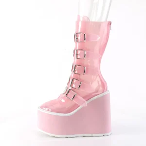 Vinyle 14 cm SWING-C plateforme bottes femme hauteur mollet à boucles rose