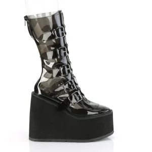 Vinyle 14 cm SWING-C plateforme bottes femme hauteur mollet à boucles noir