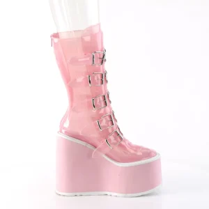 Vinyle 14 cm SWING-C plateforme bottes femme hauteur mollet à boucles rose